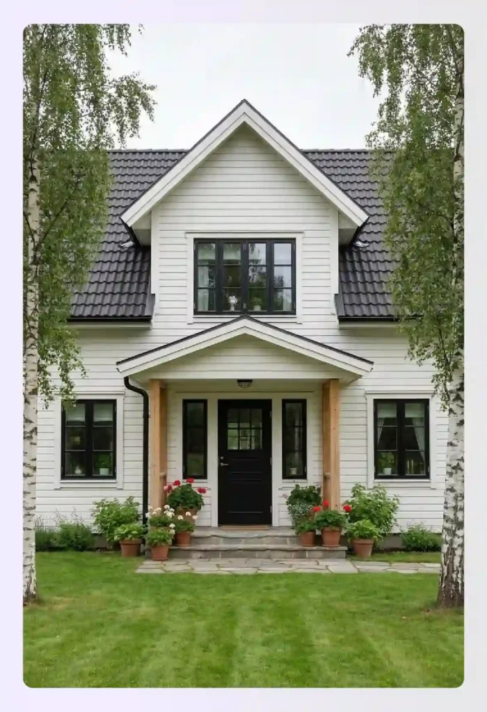 Two-story Scandinavian house with white walls and clean exterior proportions Two-story Scandinavian house with white walls and clean exterior proportions