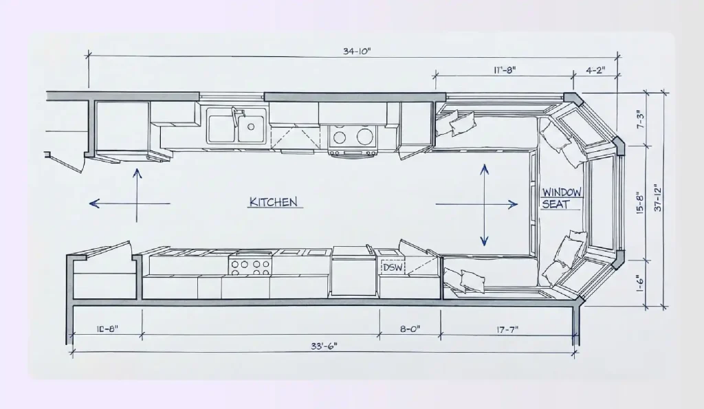 Galley kitchen layout ending with a cozy window seat