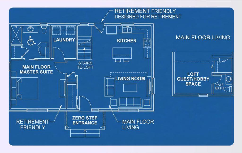 Lofted cottage retirement house plan with main floor living Lofted cottage retirement house plan with main floor living
