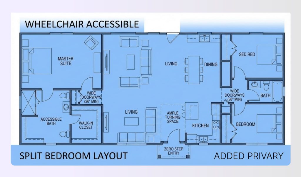 Split bedroom wheelchair accessible floor plans offer added privacy Split bedroom wheelchair accessible floor plans offer added privacy