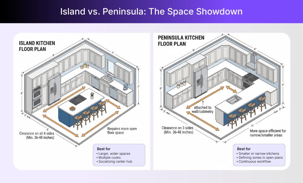 Kitchen islands versus peninsula layouts Kitchen islands versus peninsula layouts