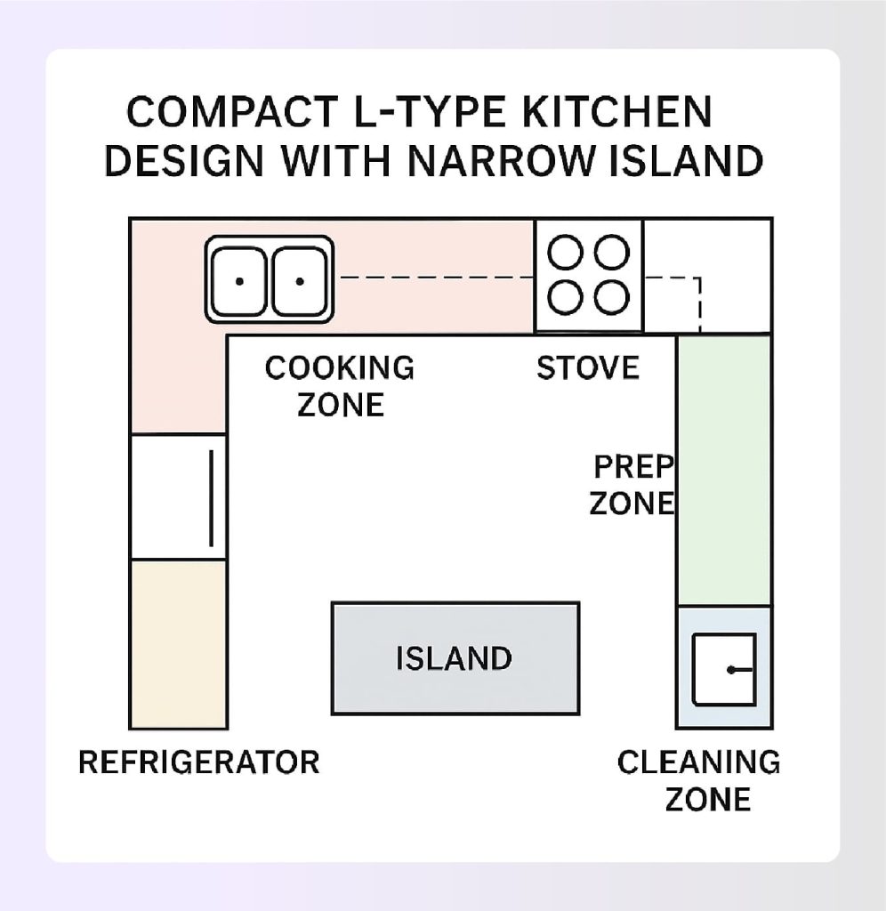 Compact L-type kitchen design with narrow island Compact L-type kitchen design with narrow island