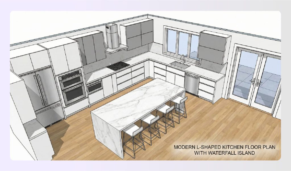 Modern L-shaped kitchen plan with waterfall island