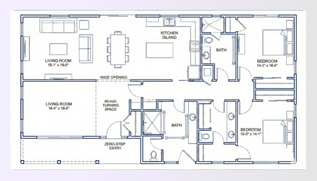 Open concept wheelchair accessible floor plan with wide spaces Open concept wheelchair accessible floor plan with wide spaces