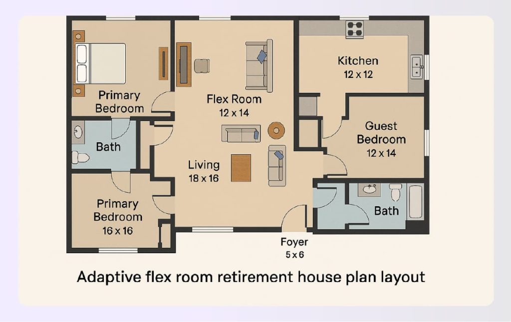 Adaptive flex room retirement house plan layout Adaptive flex room retirement house plan layout