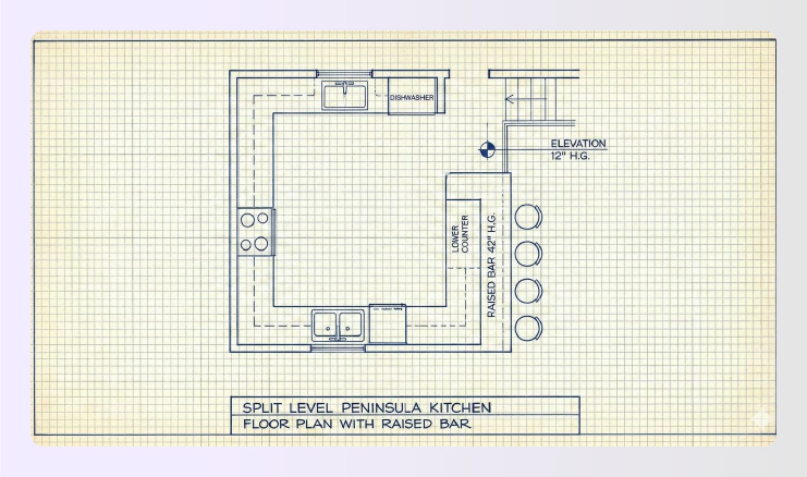 Split level peninsula kitchen floor plan with raised bar
