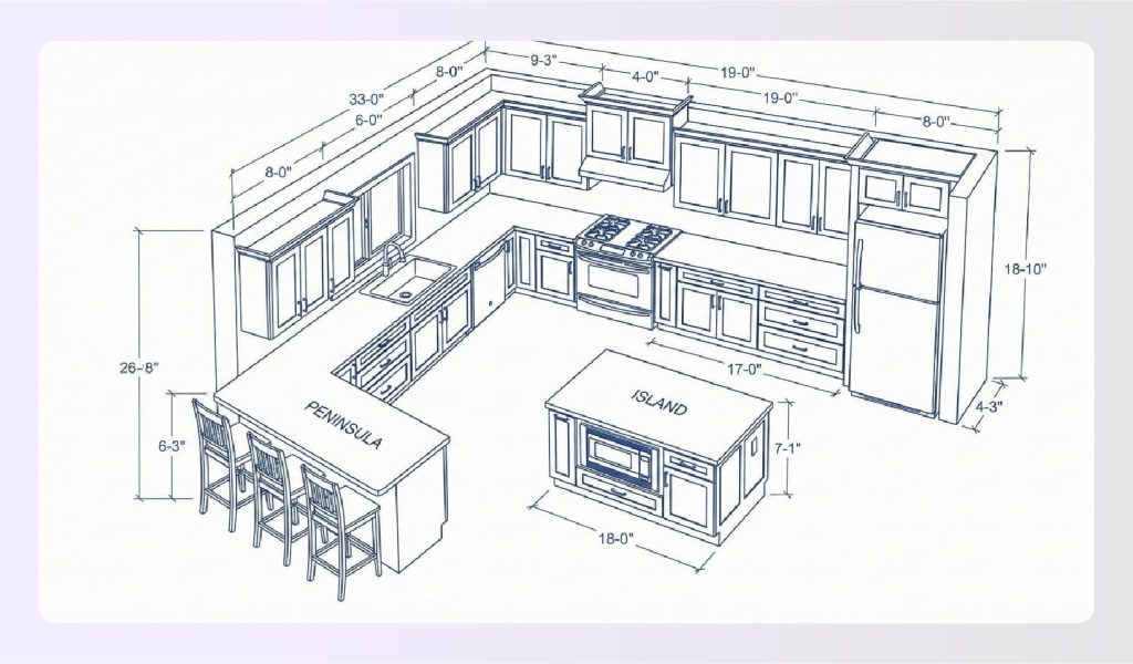 L-shape cabinet design with peninsula and island