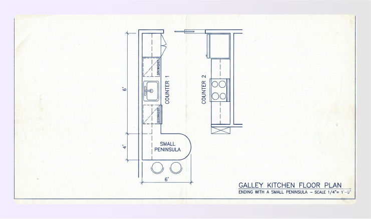 Galley kitchen floor plan ending with a small peninsula