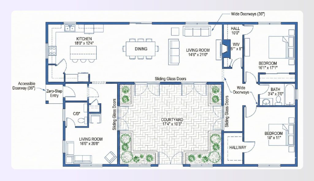 L-shaped wheelchair accessible floor plan with courtyard access L-shaped wheelchair accessible floor plan with courtyard access