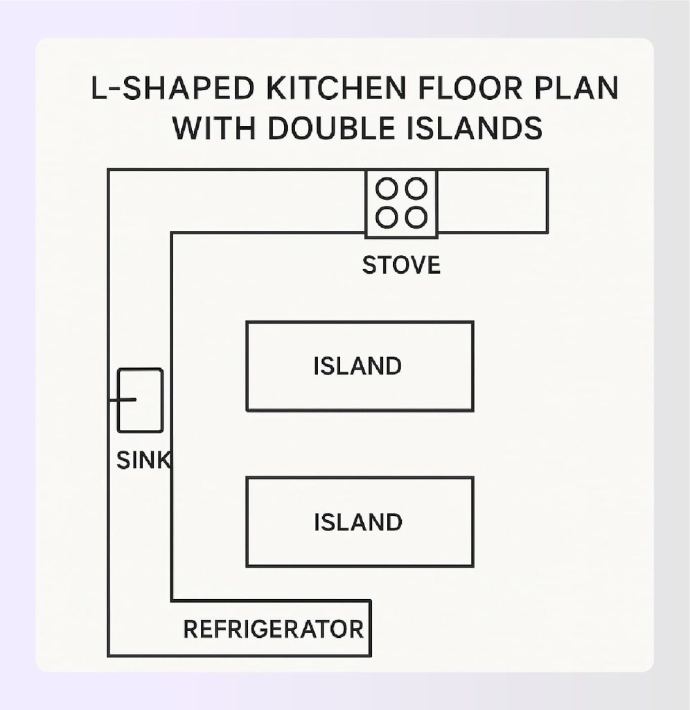 Luxury L-shaped kitchen floor plan with double islands Luxury L-shaped kitchen floor plan with double islands