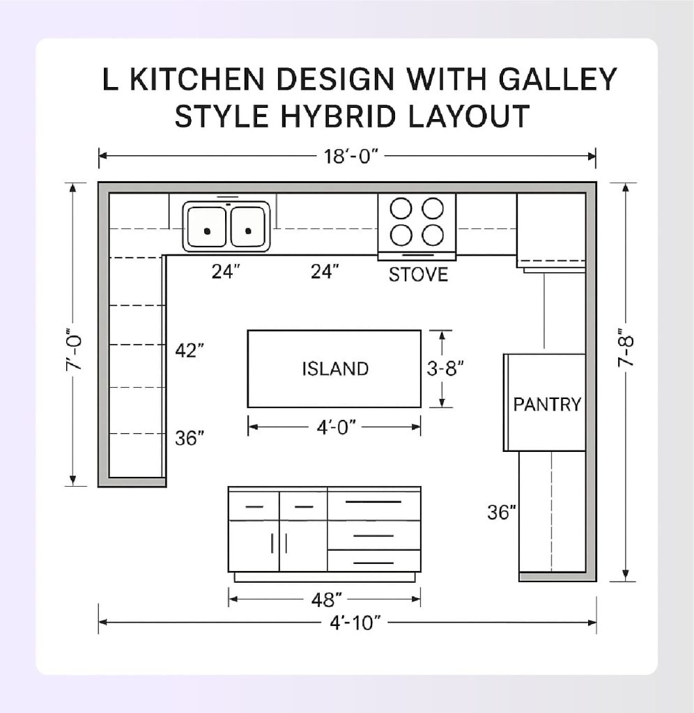 L kitchen design with galley style hybrid layout L kitchen design with galley style hybrid layout