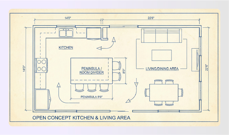 Open concept kitchen floor plan with peninsula room divider