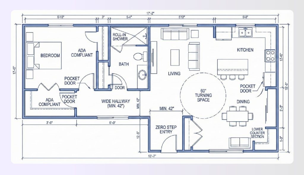 Wheelchair accessible floor plan with space saving pocket doors Wheelchair accessible floor plan with space saving pocket doors