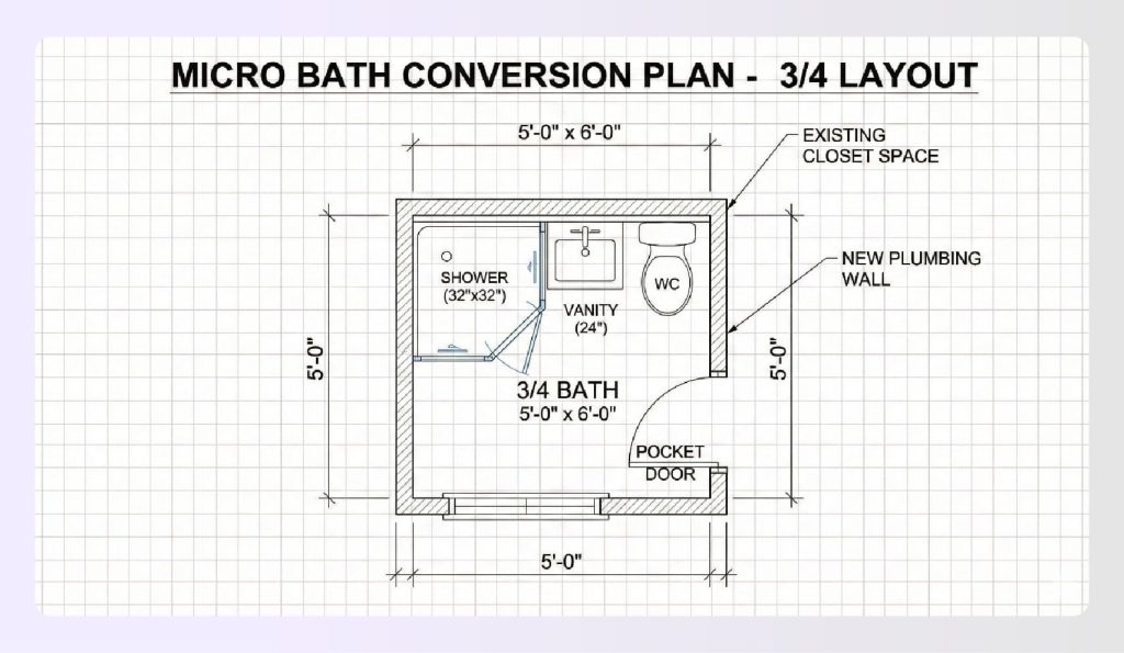 Micro bath conversion 3/4 bathroom layout plan Micro bath conversion 3/4 bathroom layout plan