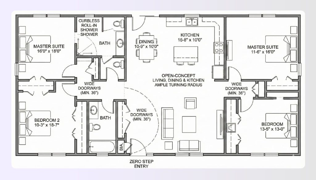 Zero barrier wheelchair accessible floor plan with ranch style layout Zero barrier wheelchair accessible floor plan with ranch style layout