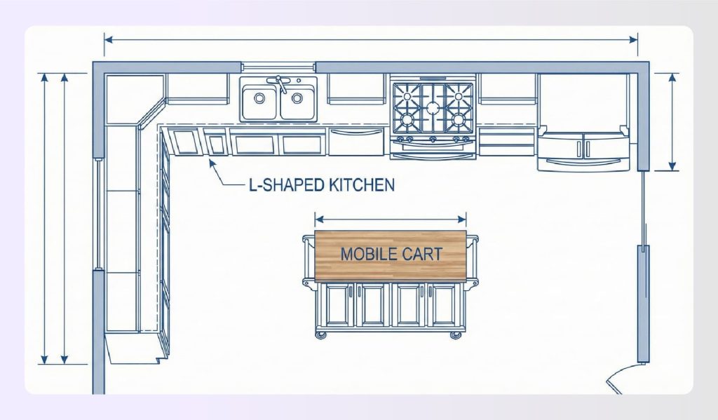 L-shaped kitchen design with mobile cart