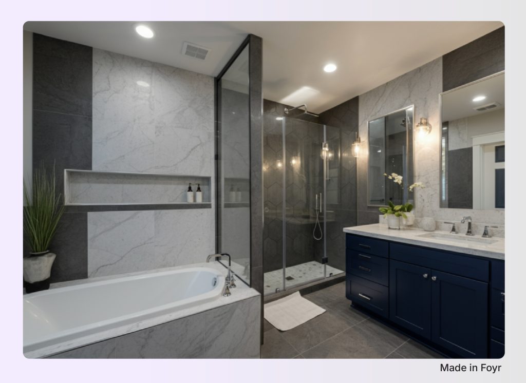 Primary bathroom with separate soaking tub and walk-in shower. Primary bathroom with separate soaking tub and walk-in shower.