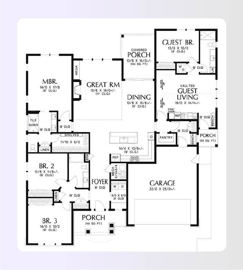 Accessible multi-generational home floor plan with two connected living wings