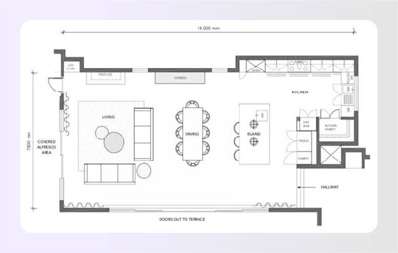 Accessible open-plan living and dining area with clear central circulation route