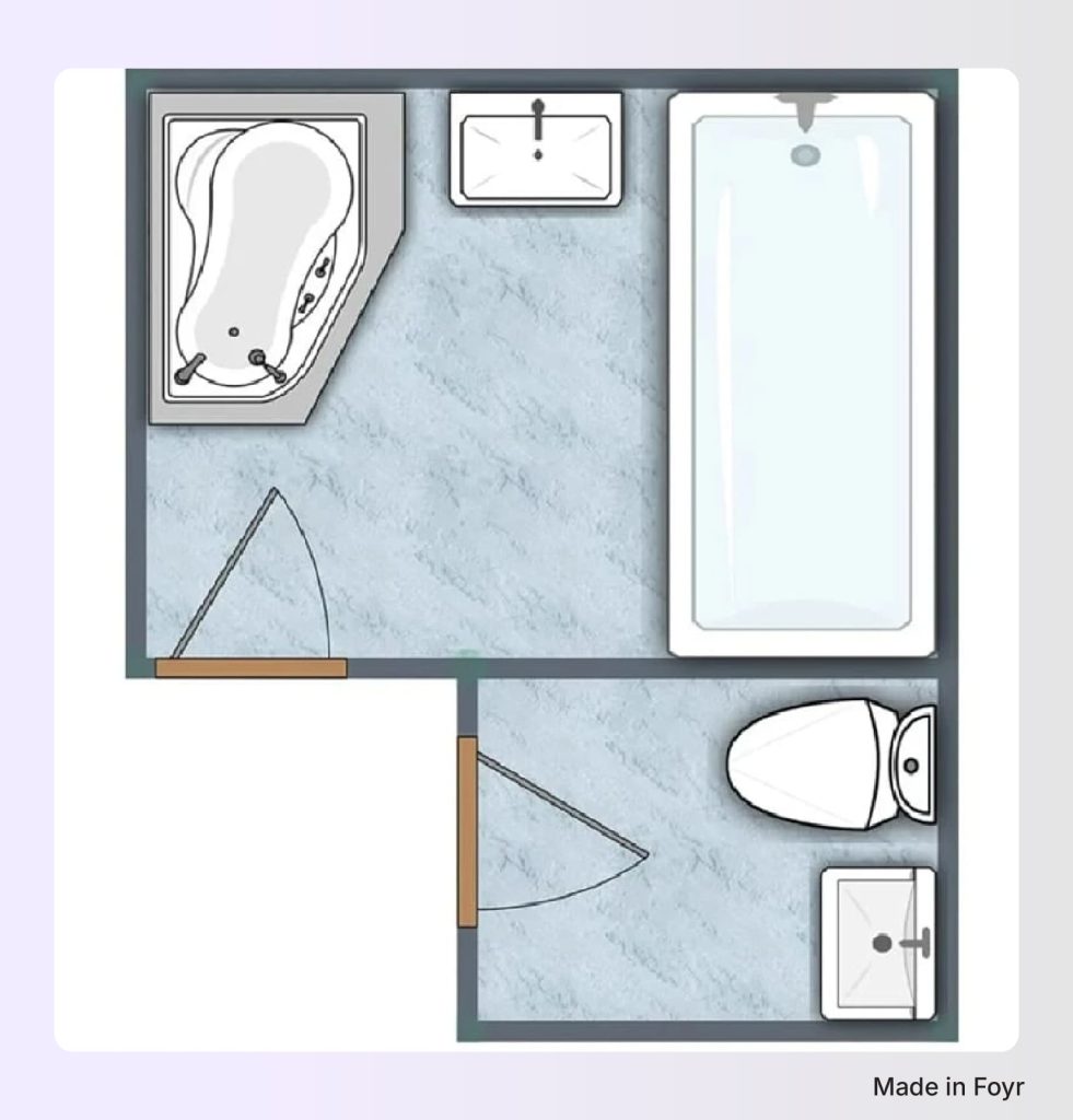 L-shape full bathroom floor plan with two fixture walls. L-shape full bathroom floor plan with two fixture walls.