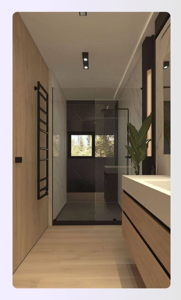 Narrow full bathroom with vanity at entry and shower at the far wall Narrow full bathroom with vanity at entry and shower at the far wall