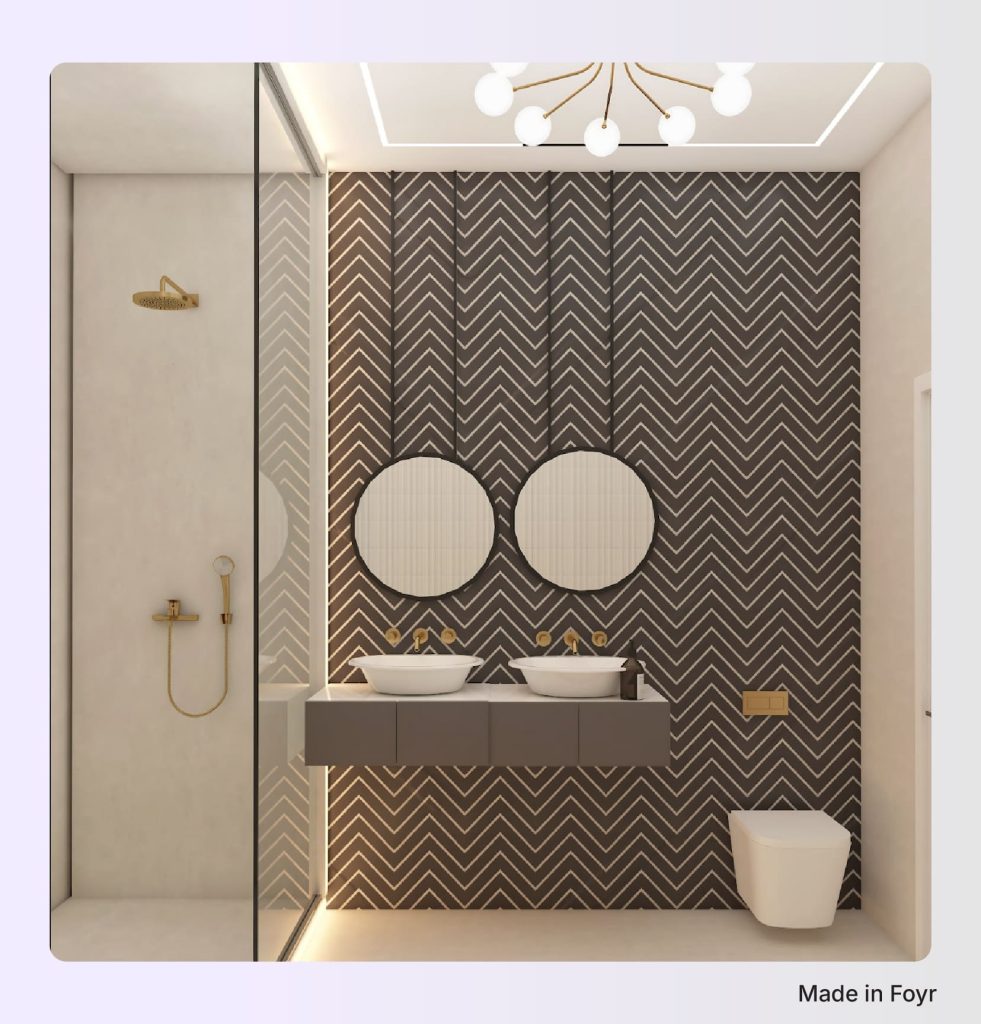 Square full bathroom layout with double vanity, paired round mirrors, and herringbone accent wall, designed in Foyr Neo Square full bathroom layout with double vanity, paired round mirrors, and herringbone accent wall, designed in Foyr Neo