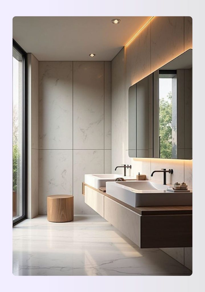 Loft-style large bathroom with wall-hung floating vanities Loft-style large bathroom with wall-hung floating vanities