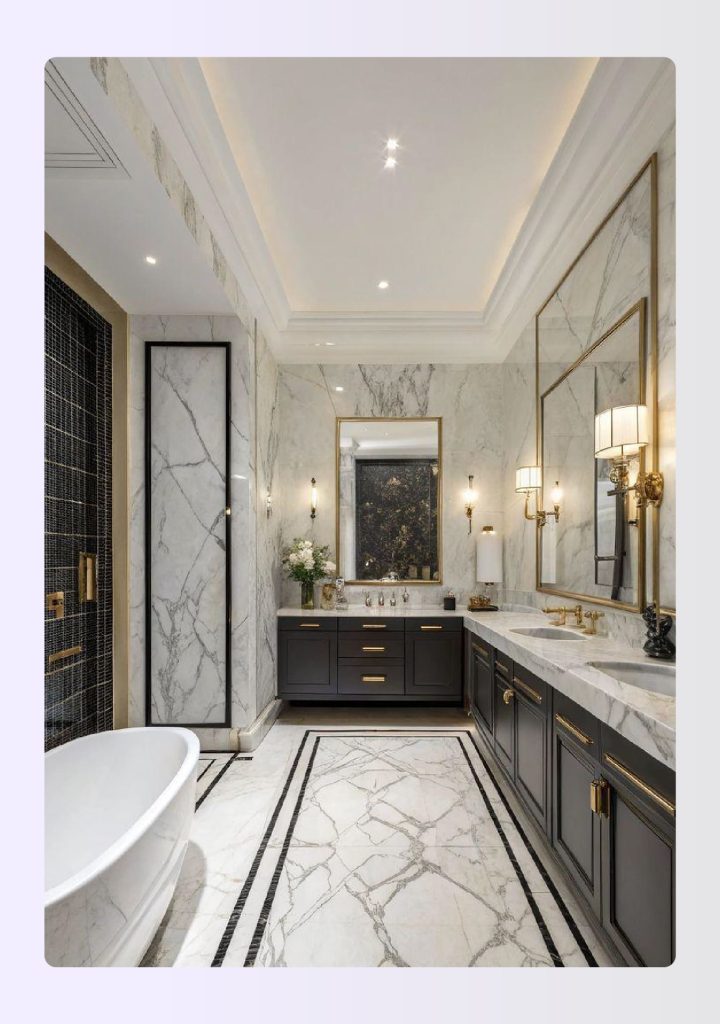 Long narrow primary bathroom with floor-to-ceiling marble wall Long narrow primary bathroom with floor-to-ceiling marble wall