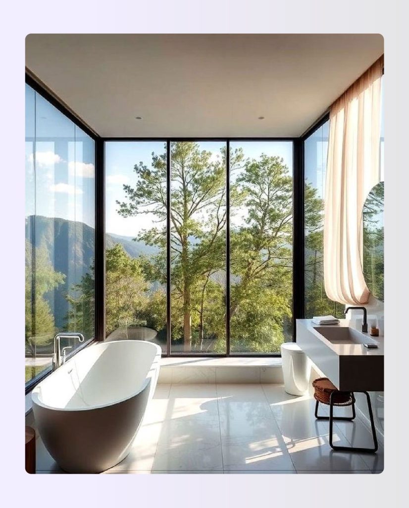 Large bathroom with floor-to-ceiling glass wall overlooking a private garden Large bathroom with floor-to-ceiling glass wall overlooking a private garden