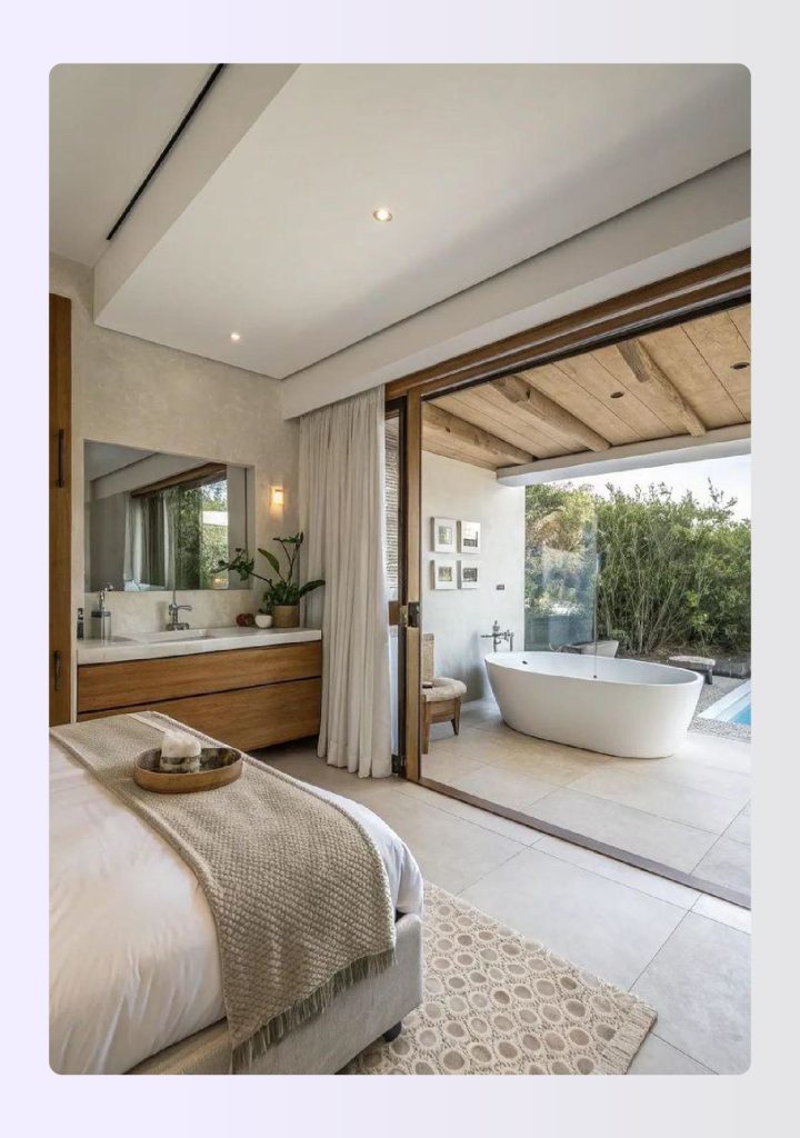 Master bedroom opening directly into a large bathroom with a freestanding tub Master bedroom opening directly into a large bathroom with a freestanding tub