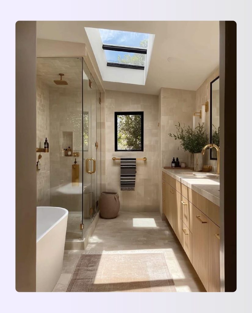 T-shaped large bathroom with vertical vanity corridor