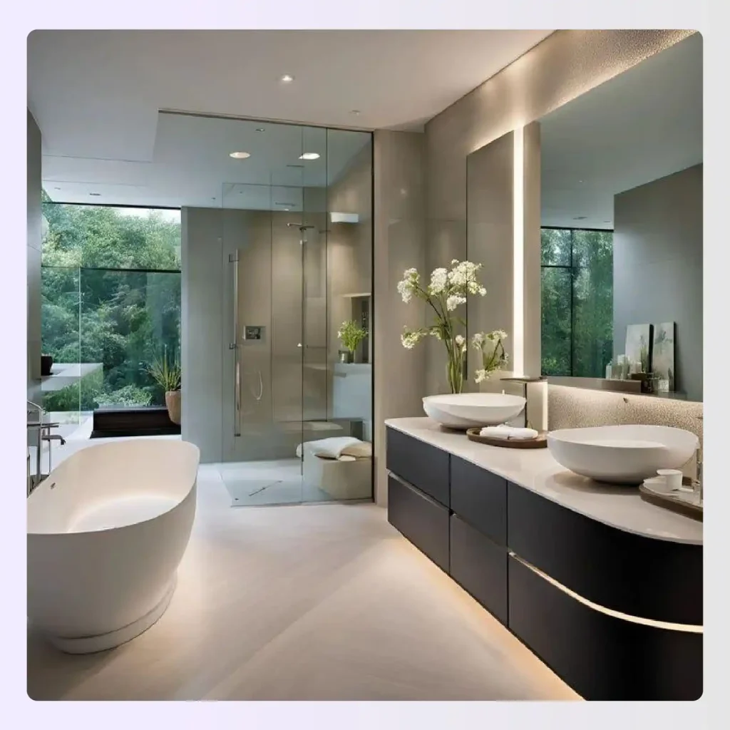 Freestanding bathtub centred in a large primary bathroom with dual sinks Freestanding bathtub centred in a large primary bathroom with dual sinks