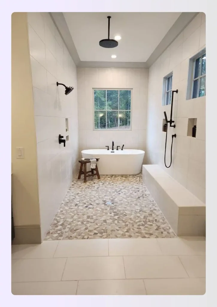 Open wet room primary bathroom with full-floor waterproofing Open wet room primary bathroom with full-floor waterproofing