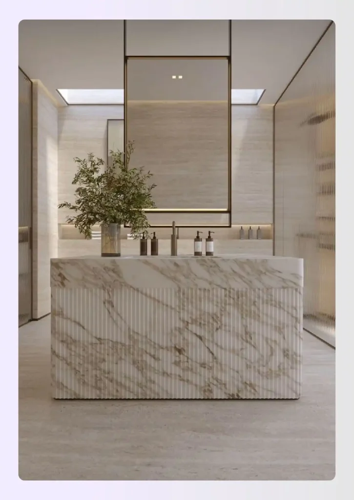 Peninsula vanity projecting from a wall as a divider Peninsula vanity projecting from a wall as a divider
