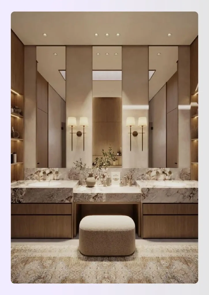 T-shaped primary bathroom with central vanity corridor T-shaped primary bathroom with central vanity corridor