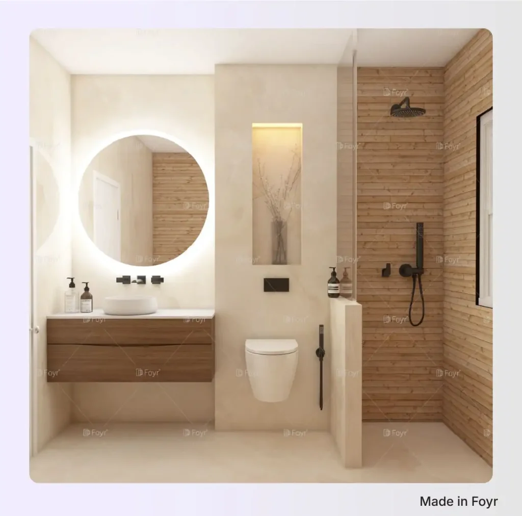 Japandi-style bathroom, bringing warmth and serenity Japandi-style bathroom, bringing warmth and serenity