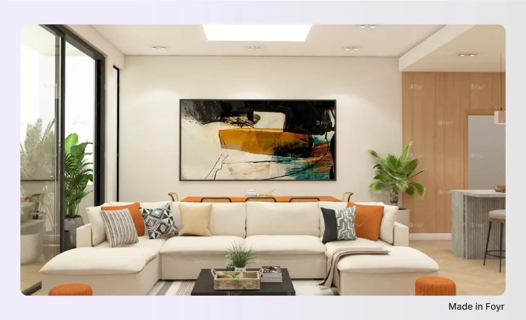 Warm Minimalist Living Room with Bold Artwork Warm Minimalist Living Room with Bold Artwork