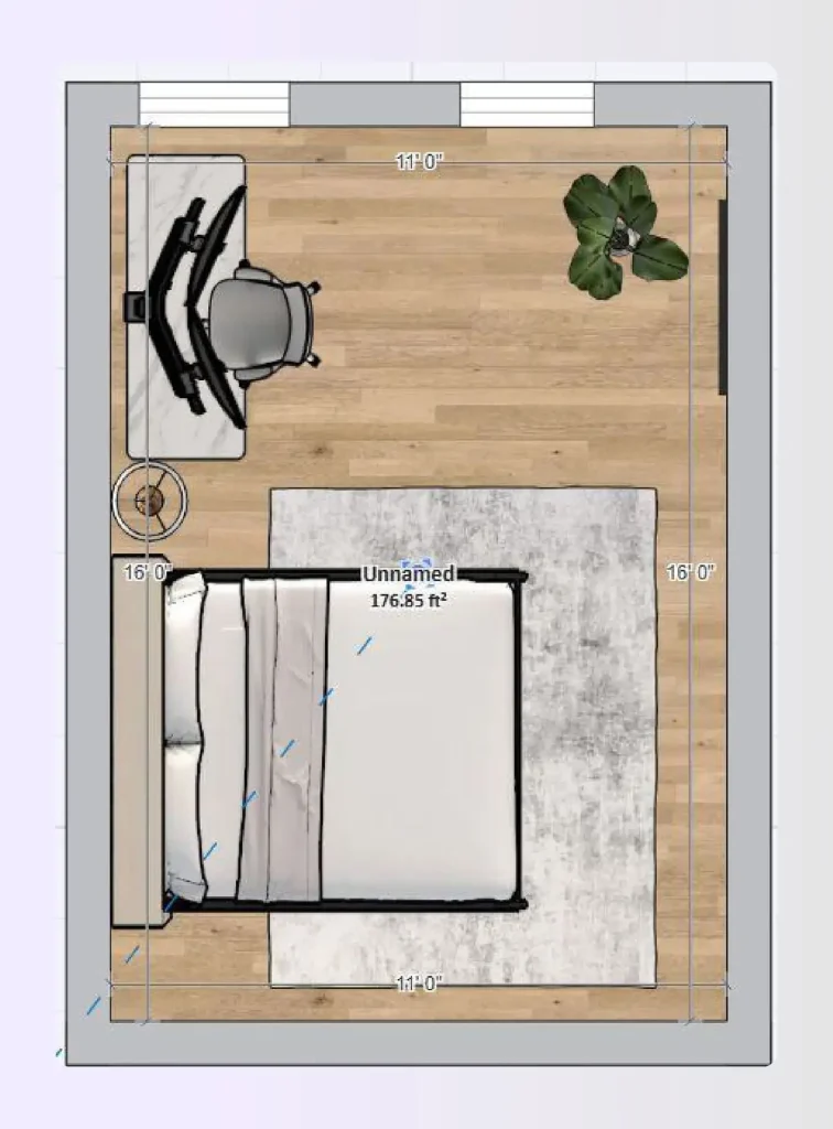 Corner anchor bedroom floor layout with desk space Corner anchor bedroom floor layout with desk space