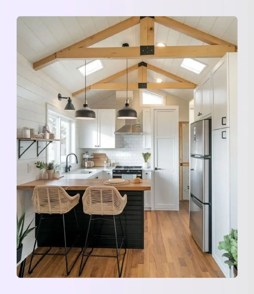 Linear tiny house with single kitchen wall Linear tiny house with single kitchen wall