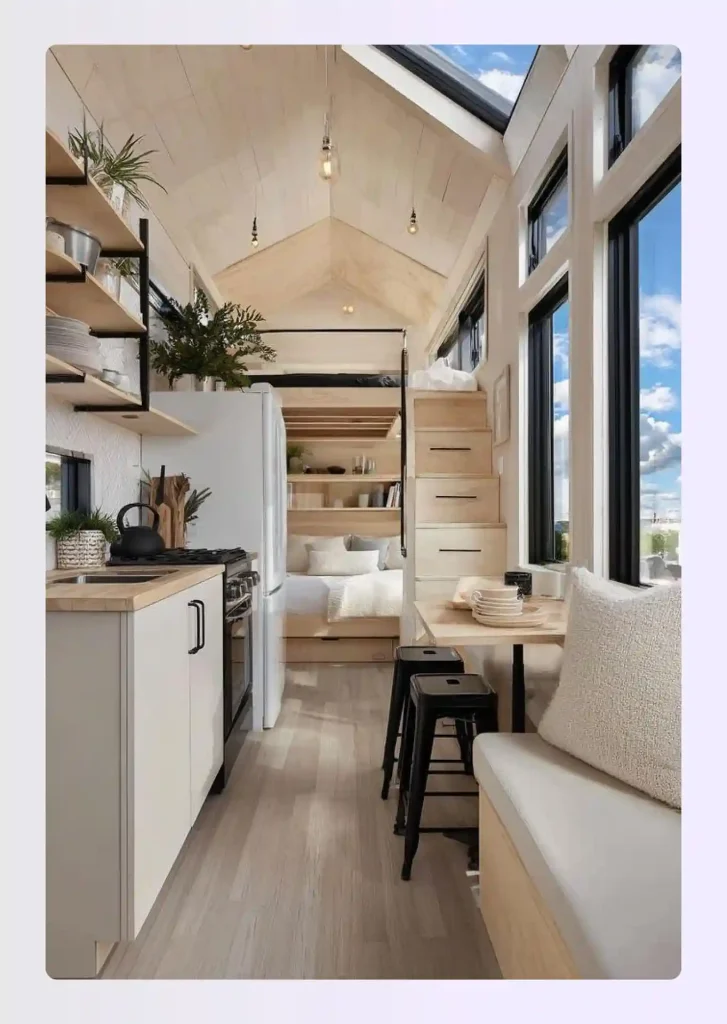 Open-concept micro pod tiny home interior Open-concept micro pod tiny home interior