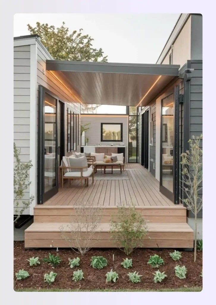 Single-level patio small home with integrated outdoor living area Single-level patio small home with integrated outdoor living area