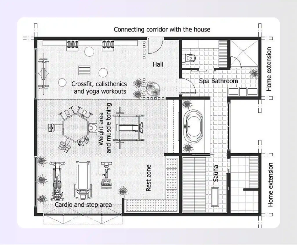 Boutique fitness studio floor plan with single training zone Boutique fitness studio floor plan with single training zone