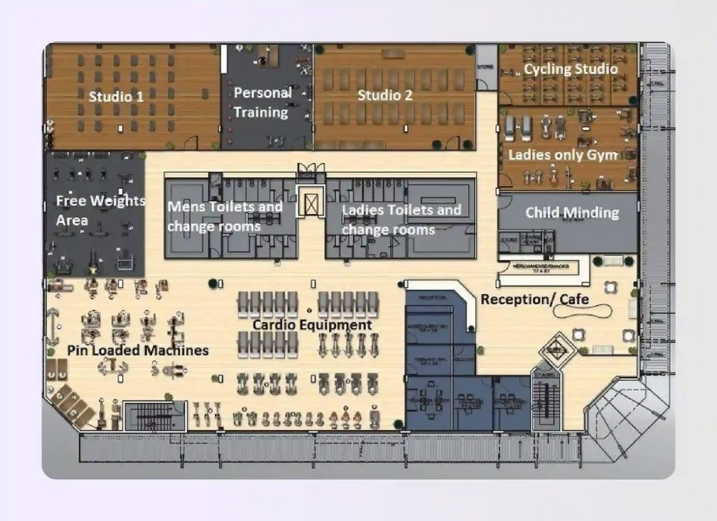 Commercial gym floor plan with enclosed studios Commercial gym floor plan with enclosed studios