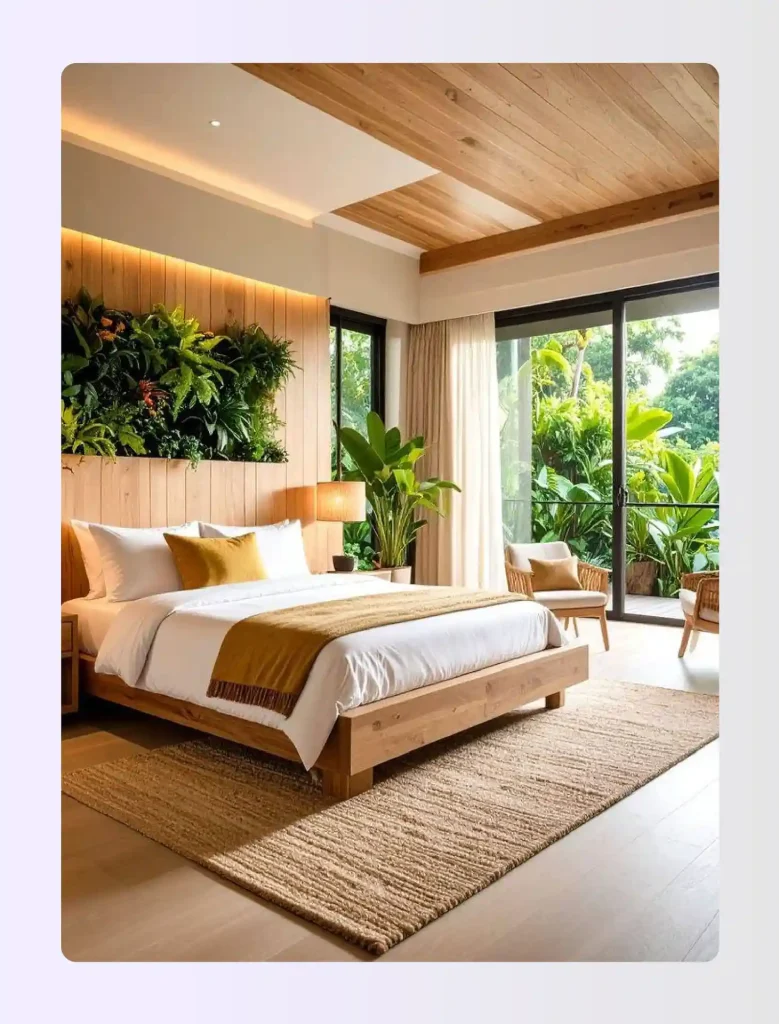 Biophilic wellness hotel suite with living green wall and dedicated yoga zone floor Biophilic wellness hotel suite with living green wall and dedicated yoga zone floor