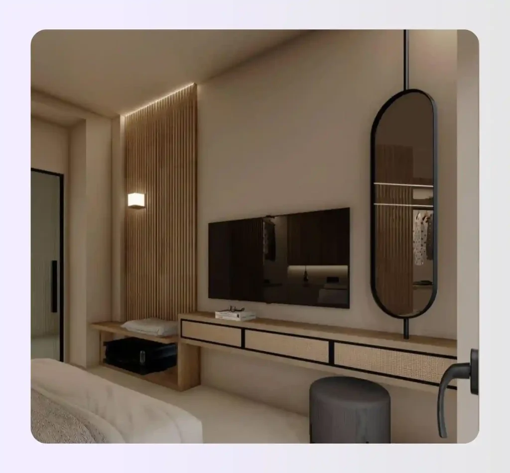 Compact hotel room floor plan with wall-mounted fixtures and multifunctional furniture