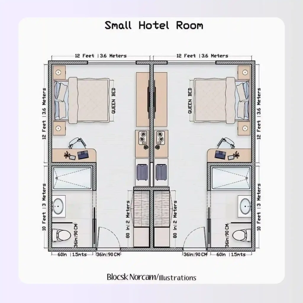 Hotel room floor plan with entry alcove separating bed from corridor sightline Hotel room floor plan with entry alcove separating bed from corridor sightline