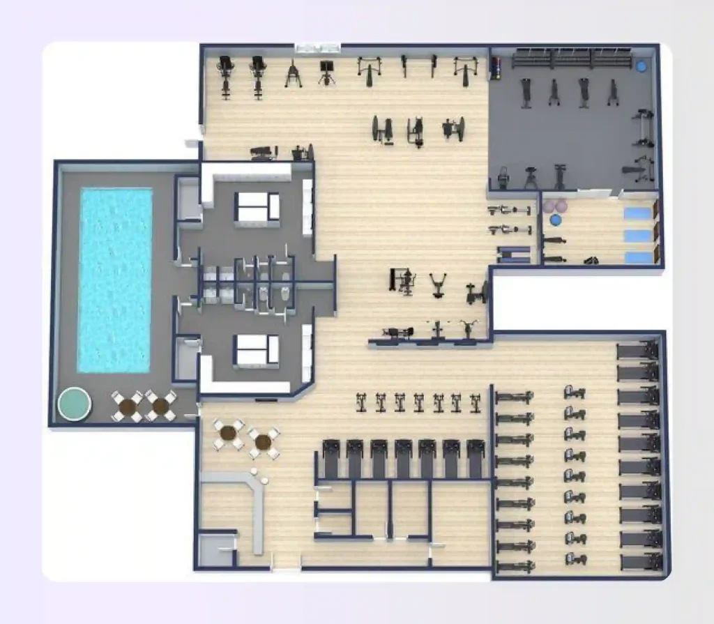 Rehabilitation gym floor plan with wide accessible aisles Rehabilitation gym floor plan with wide accessible aisles