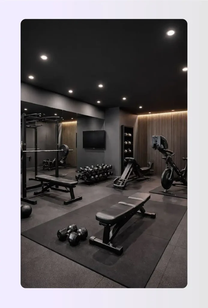 Basement home gym floor plan with zones designed around structural support columns Basement home gym floor plan with zones designed around structural support columns