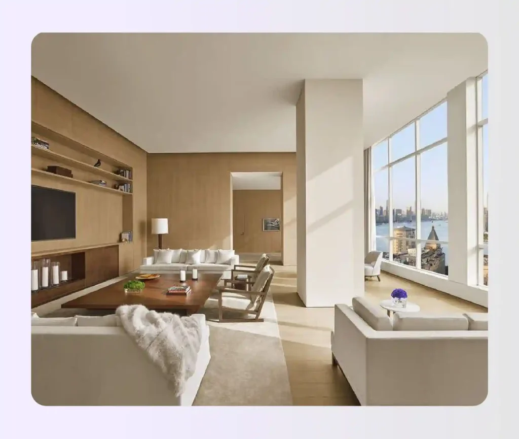 Luxury penthouse suite floor plan with entry foyer, living area, and private bedroom
