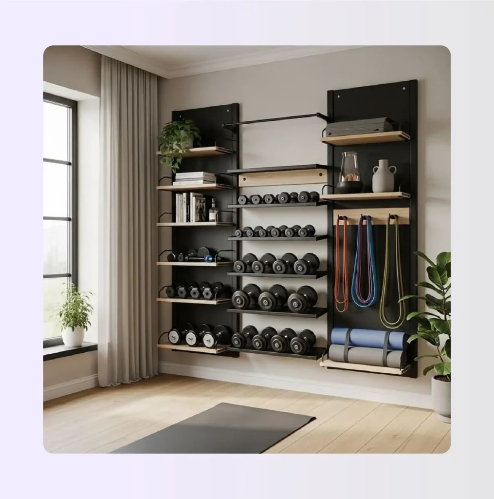 Compact home gym with all equipment along one wall and open floor center Compact home gym with all equipment along one wall and open floor center